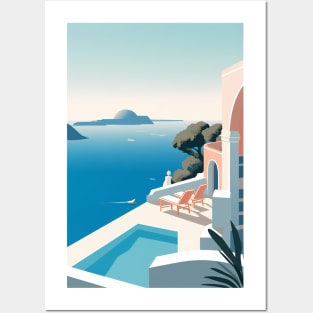 Swimming pool surrounded by the sky and water in Santorini Posters and Art